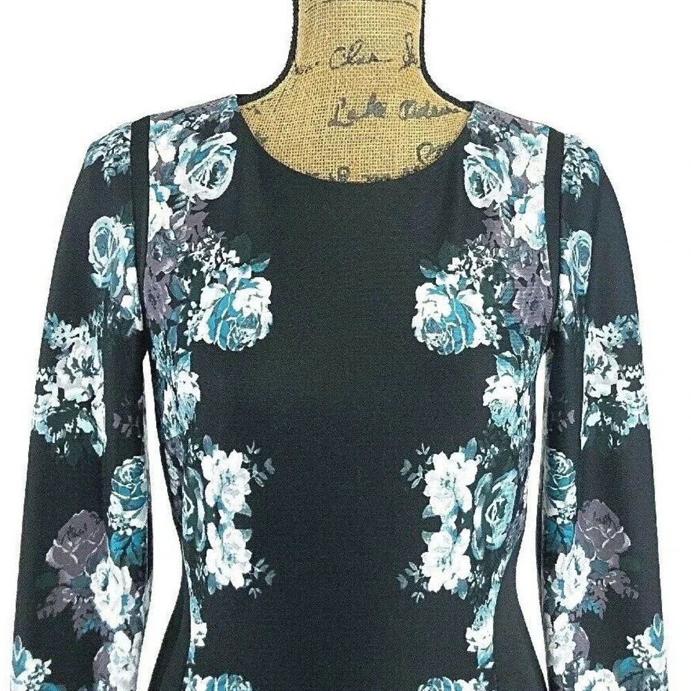 Antonio Melani Dress 6 Black Muted Purple Teal Floral Long Sl‎ Stretch